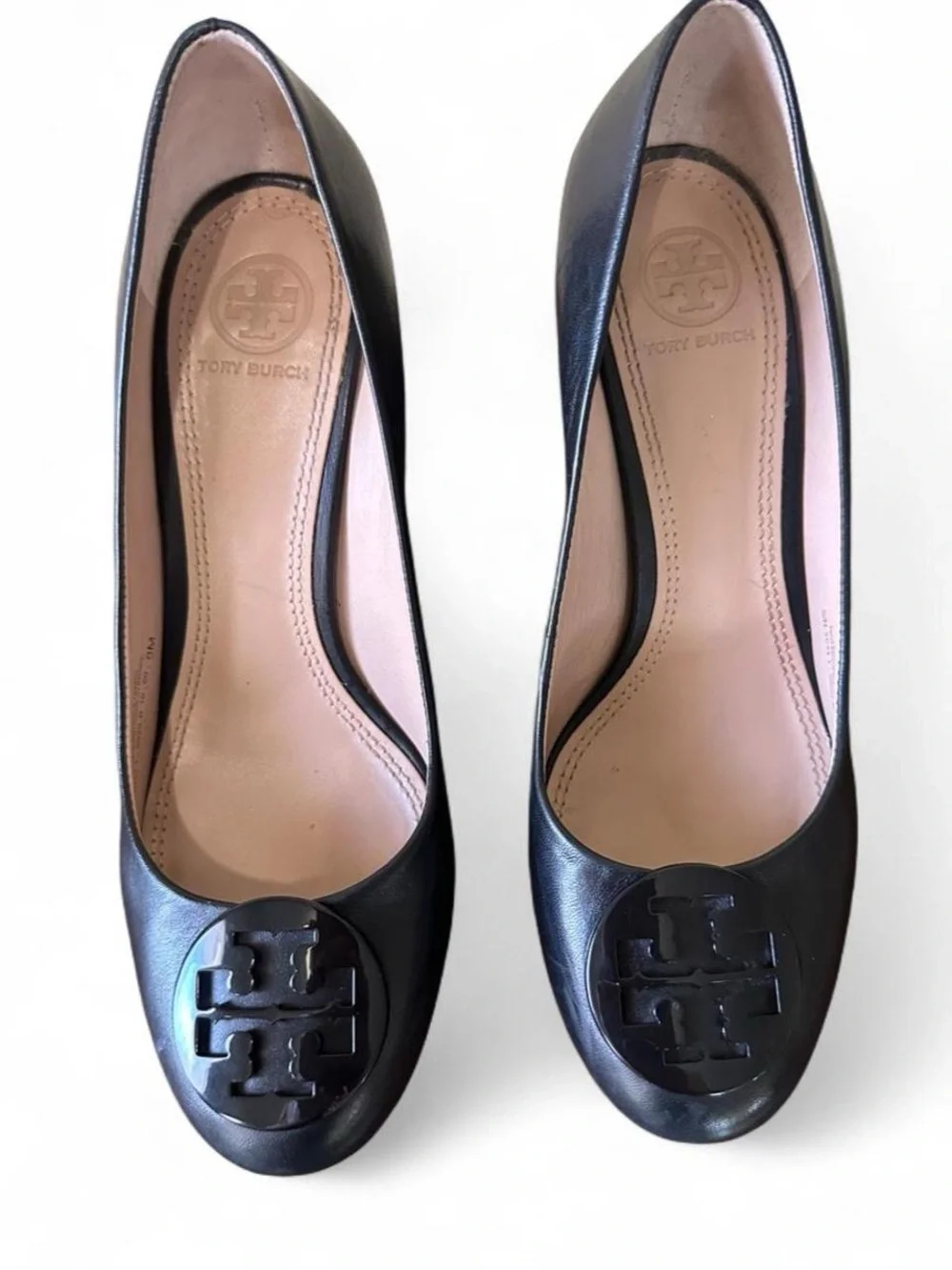 Tory Burch Black Leather Logo Cap-Heel Pumps